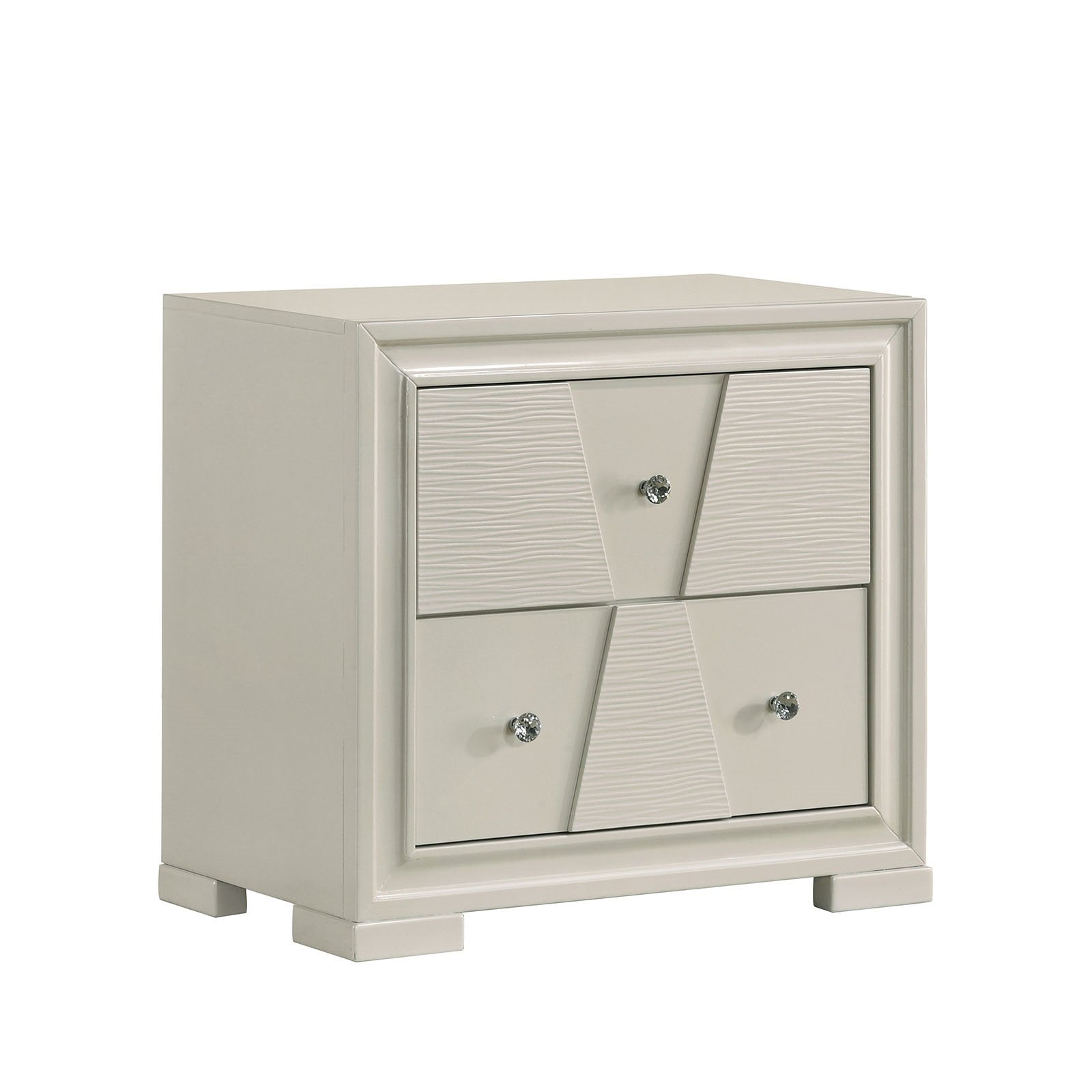 Textured Trapezoid Front Panels Nightstand English Dovetail Drawers Round Knobs Central Metal Glide White Finish Bedroom Furniture