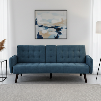 72' Sleeper Sofa Bed - Convertible Folding Backrest to Full Bed with Cup Holder & Drop-Down Table - Space Saving Linen Sofa for Small Spaces - Easy Assembly, Blue