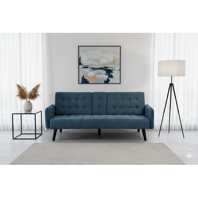 72' Sleeper Sofa Bed - Convertible Folding Backrest to Full Bed with Cup Holder & Drop-Down Table - Space Saving Linen Sofa for Small Spaces - Easy Assembly, Blue
