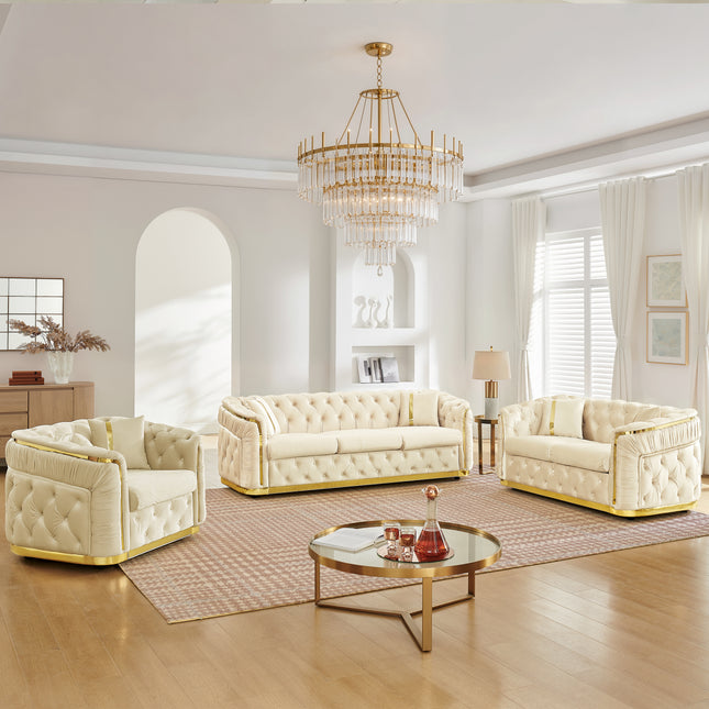 3 Piece Velvet Luxury Chesterfield Couch Set, 84.6' 3 Seater, 62.6' Loveseat & 40.6' 1-Seater Sofa Set for Living Room with Gold Stainless Steel Decoration and 6 Pillows, Beige
