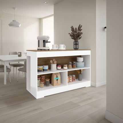 White and Natural Oak Open Storage Kitchen Island
