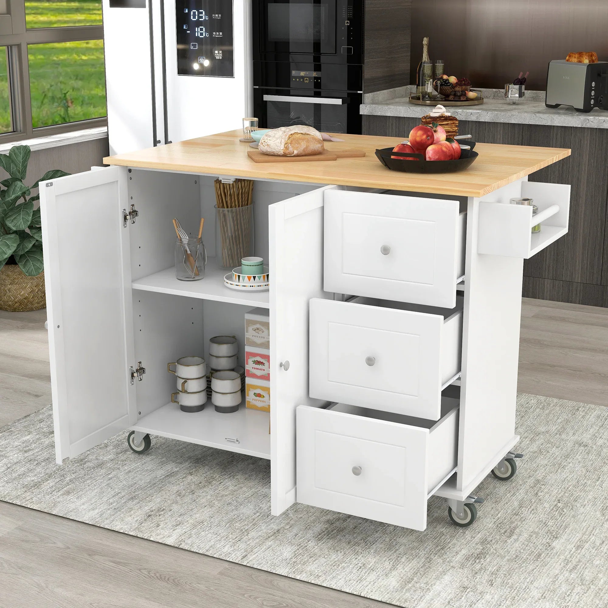 Rolling Mobile Kitchen Island with Solid Wood Top and Locking Wheels,52.7 Inch Width,Storage Cabinet and Drop Leaf Breakfast Bar,Spice Rack, Towel Rack & Drawer (White) - Eloy Royal