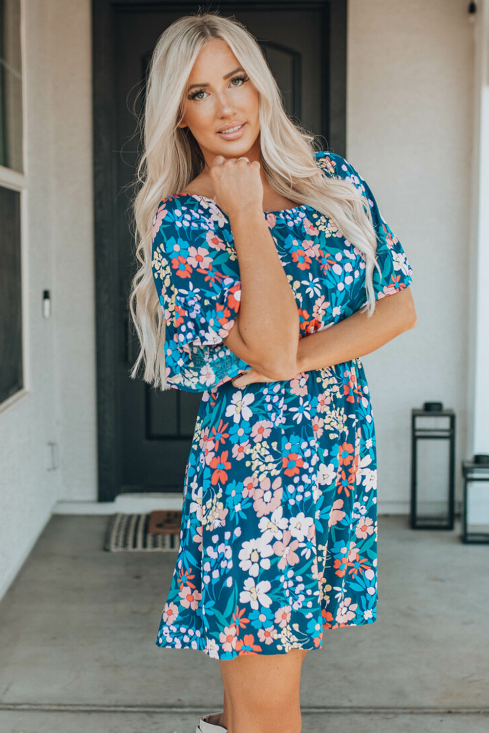 Dark Blue Bohemian Floral Print Off Shoulder Short Dress - Eloy Royal