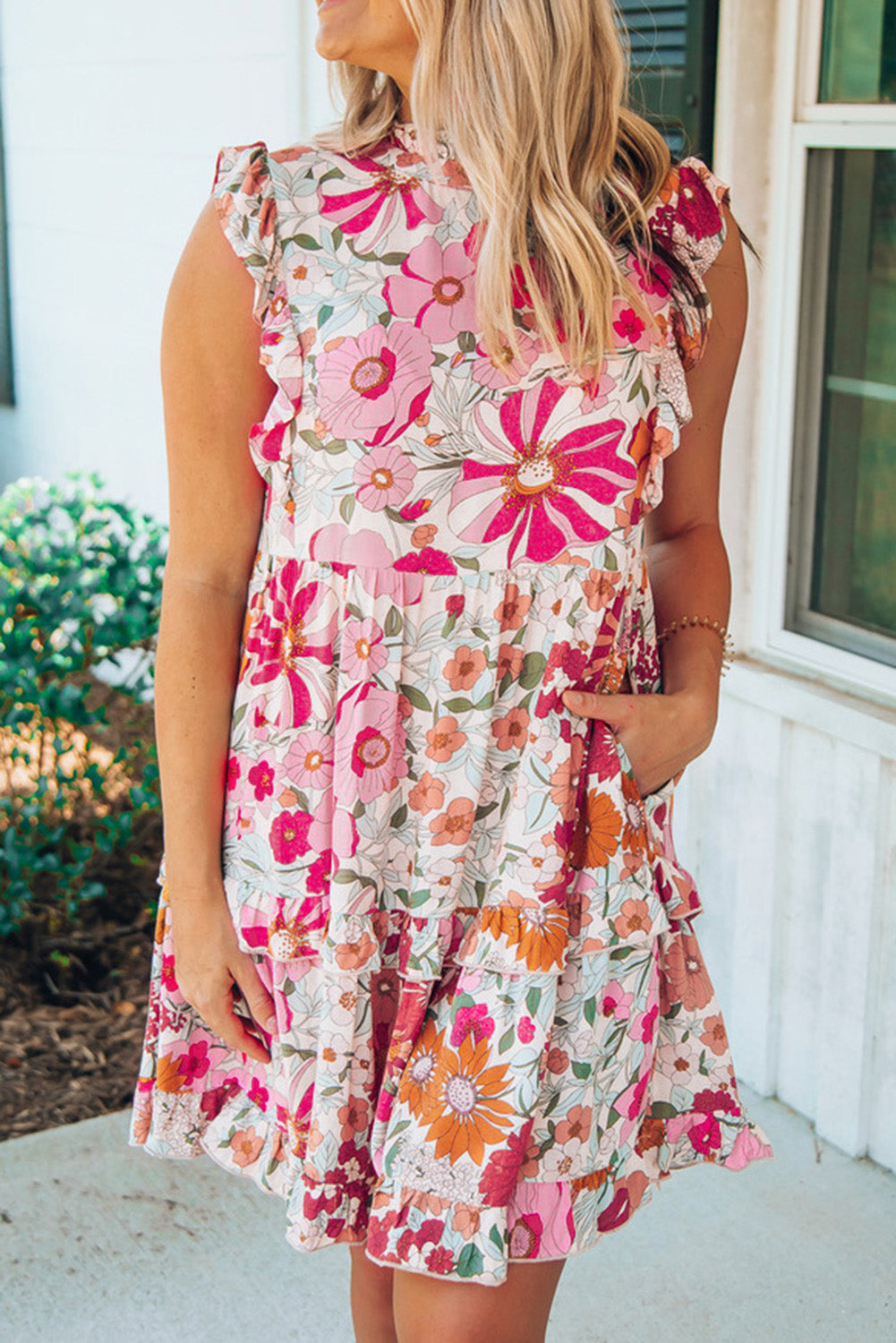 Floral Print Casual Ruffled Sleeveless Tiered Short Dress - Eloy Royal