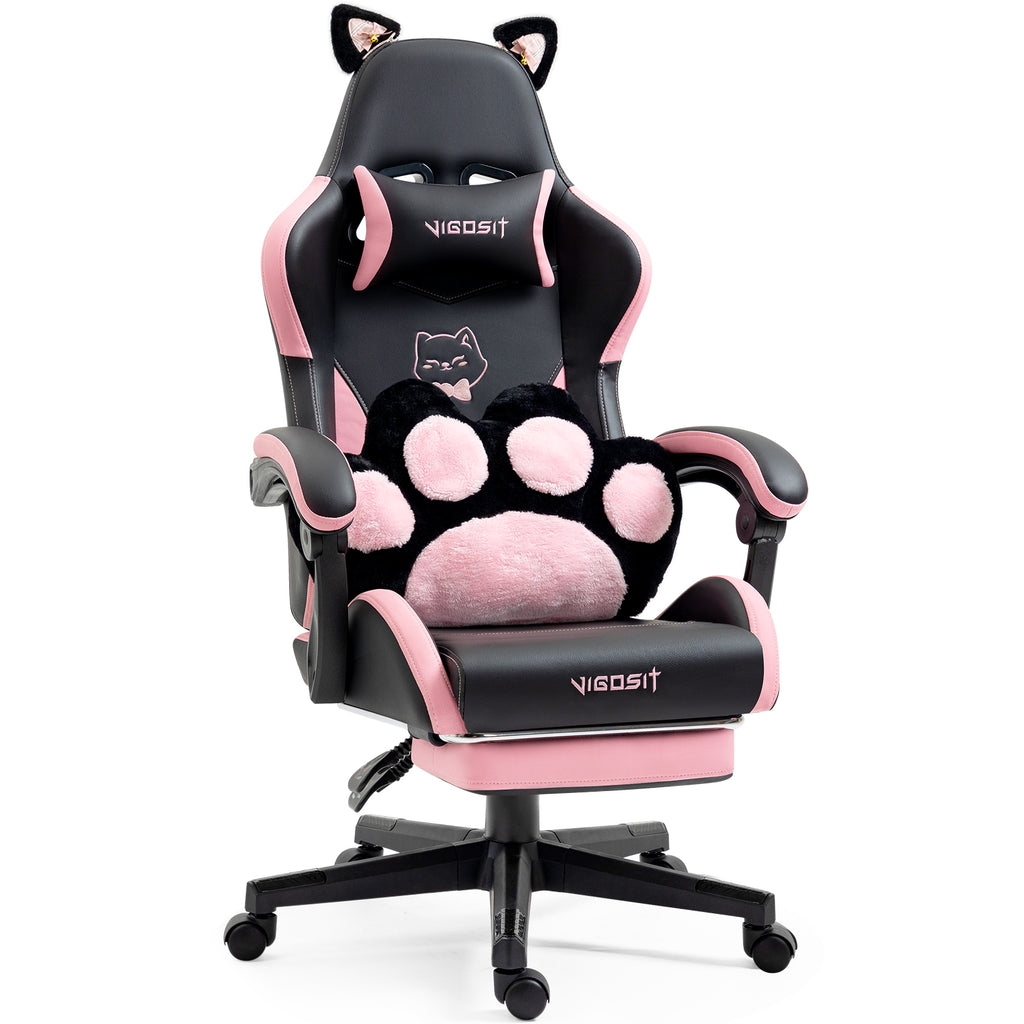Cute Cat Gaming Chair with Paw Lumbar Cushion, PC Video Gamer Chair for Girl Teen Woman (Black)