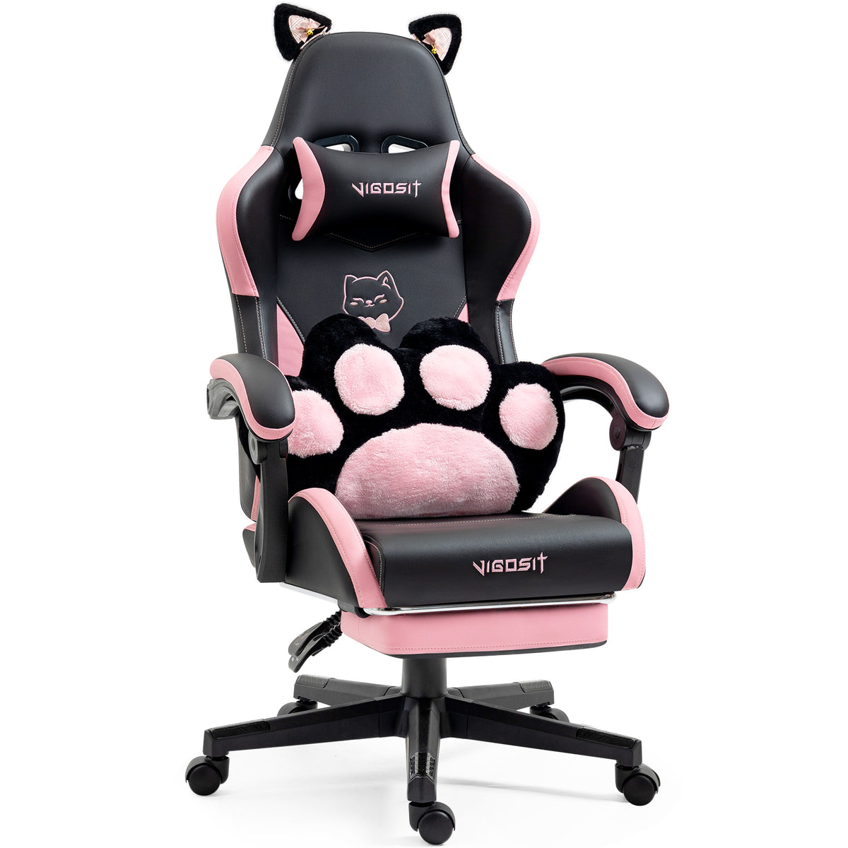 Cute Cat Gaming Chair with Paw Lumbar Cushion, PC Video Gamer Chair for Girl Teen Woman (Black)