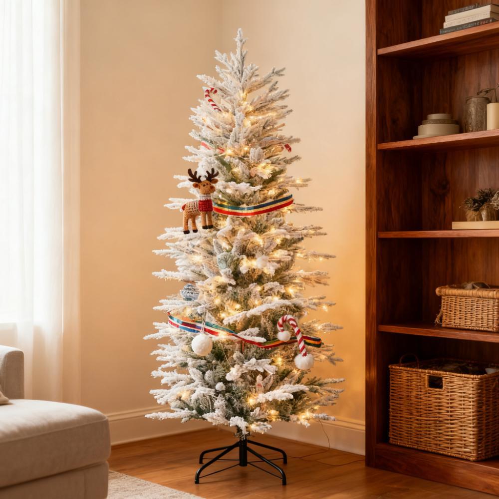 Snow Branches withChristmas Trees,Artificial Flocked Christmas Trees,with Warm Yellow Clear Lights, Auto Open