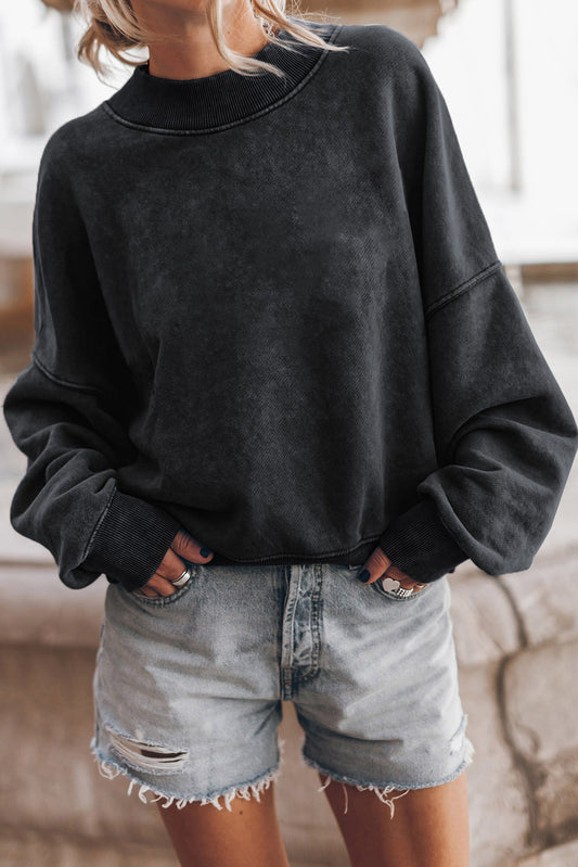 Black Plain Drop Shoulder Crew Neck Pullover Sweatshirt