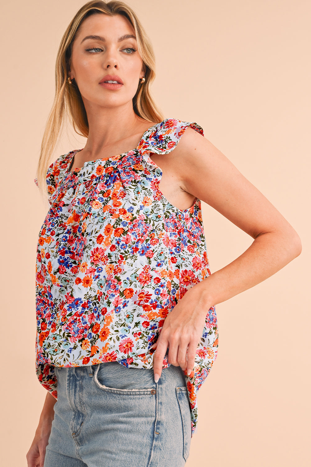 Rose Red Boho Floral Square Neck Flutter Sleeveless Top - Eloy Royal