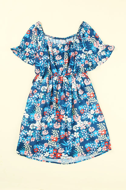 Dark Blue Bohemian Floral Print Off Shoulder Short Dress - Eloy Royal