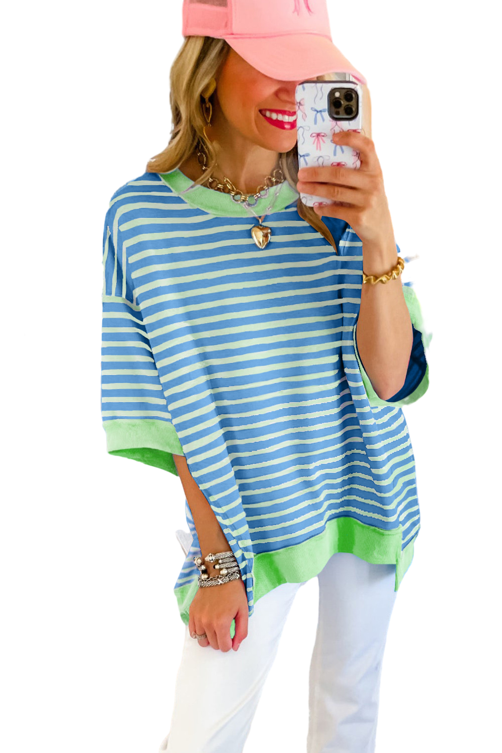 Pink Stripe Colorblock Drop Sleeve Loose Top - Eloy Royal