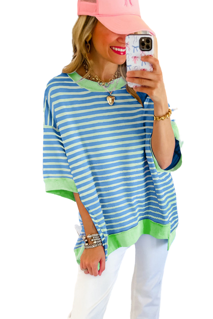 Pink Stripe Colorblock Drop Sleeve Loose Top - Eloy Royal