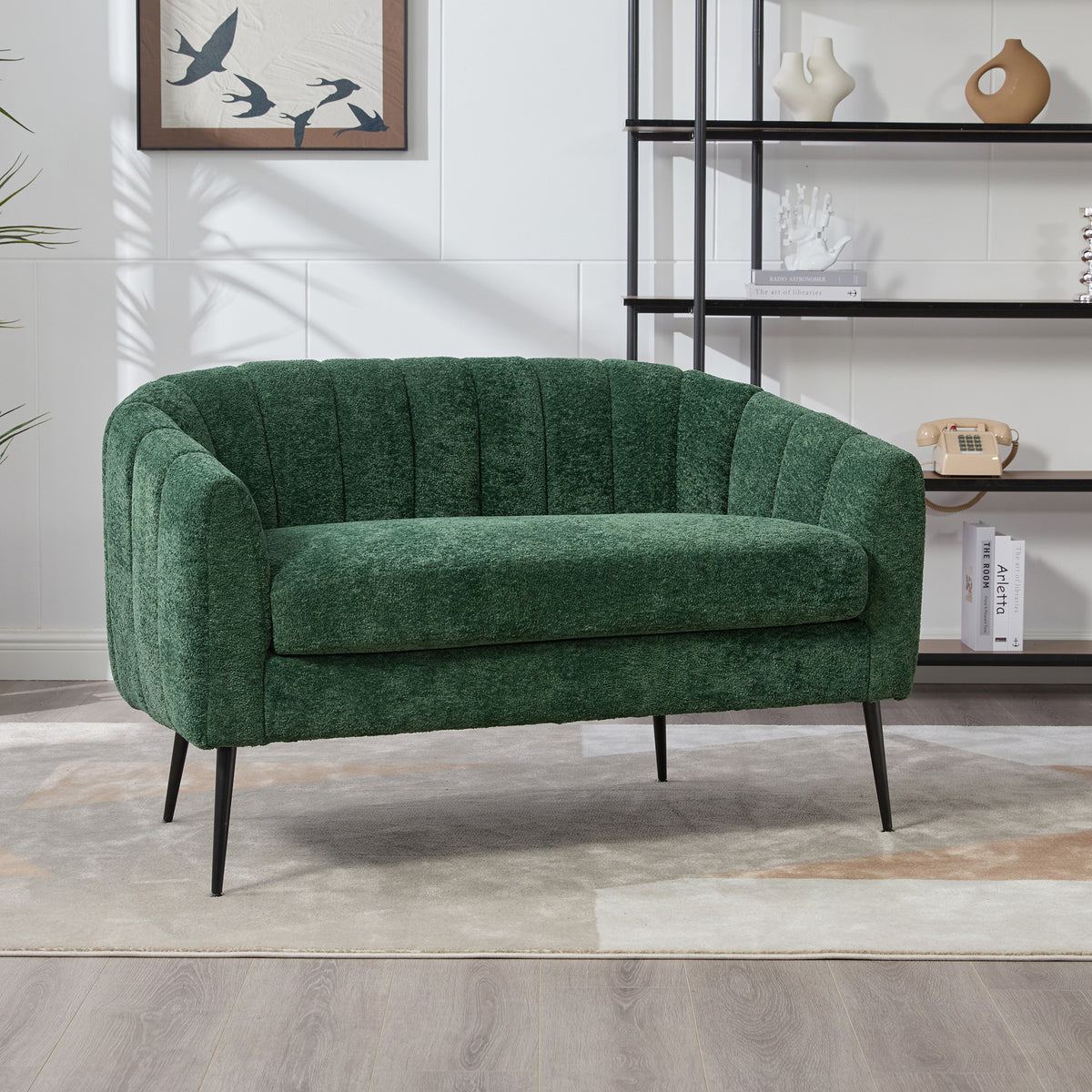 50'' Wide Upholstered Chenille Mini Loveseat Accent Couch, Modern Glam Small Settee with Metal Legs, Channel Tufted 2-Seater Sofa for Living Rooms Bedrooms Dorm Studio Office Small Spaces, Green