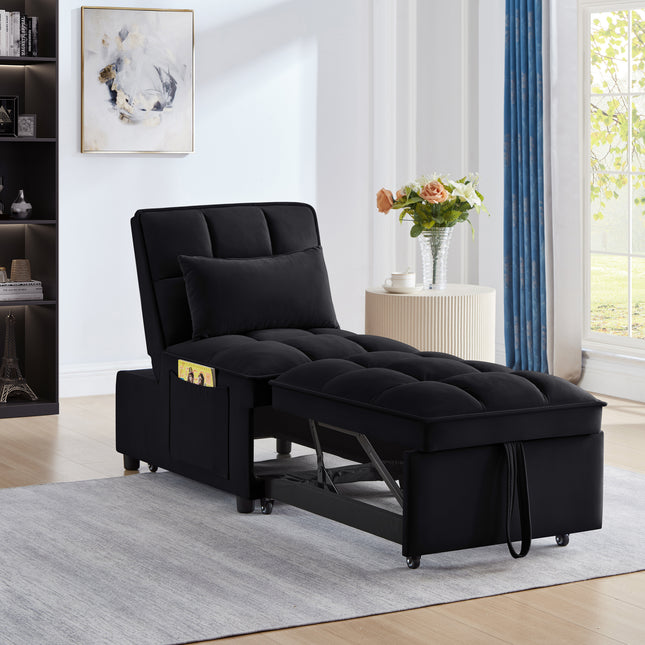 4 in1 Multi-Function Single Sofa Bed with Storage Pockets,Tufted Single Pull-out Sofa Bed with Adjustable Backrest and Pillows ,Convertible  Chaise Lounge,Black