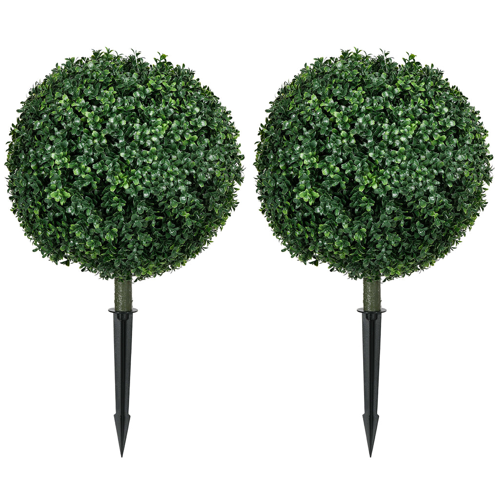 HOMCOM 1.3' (15.7') Artificial Boxwood Topiary Trees with Ground Stake, UV Resistant Set of 2 Ball Shaped Trees, Indoor Outdoor Fake Plants for Home Office & Living Room Décor
