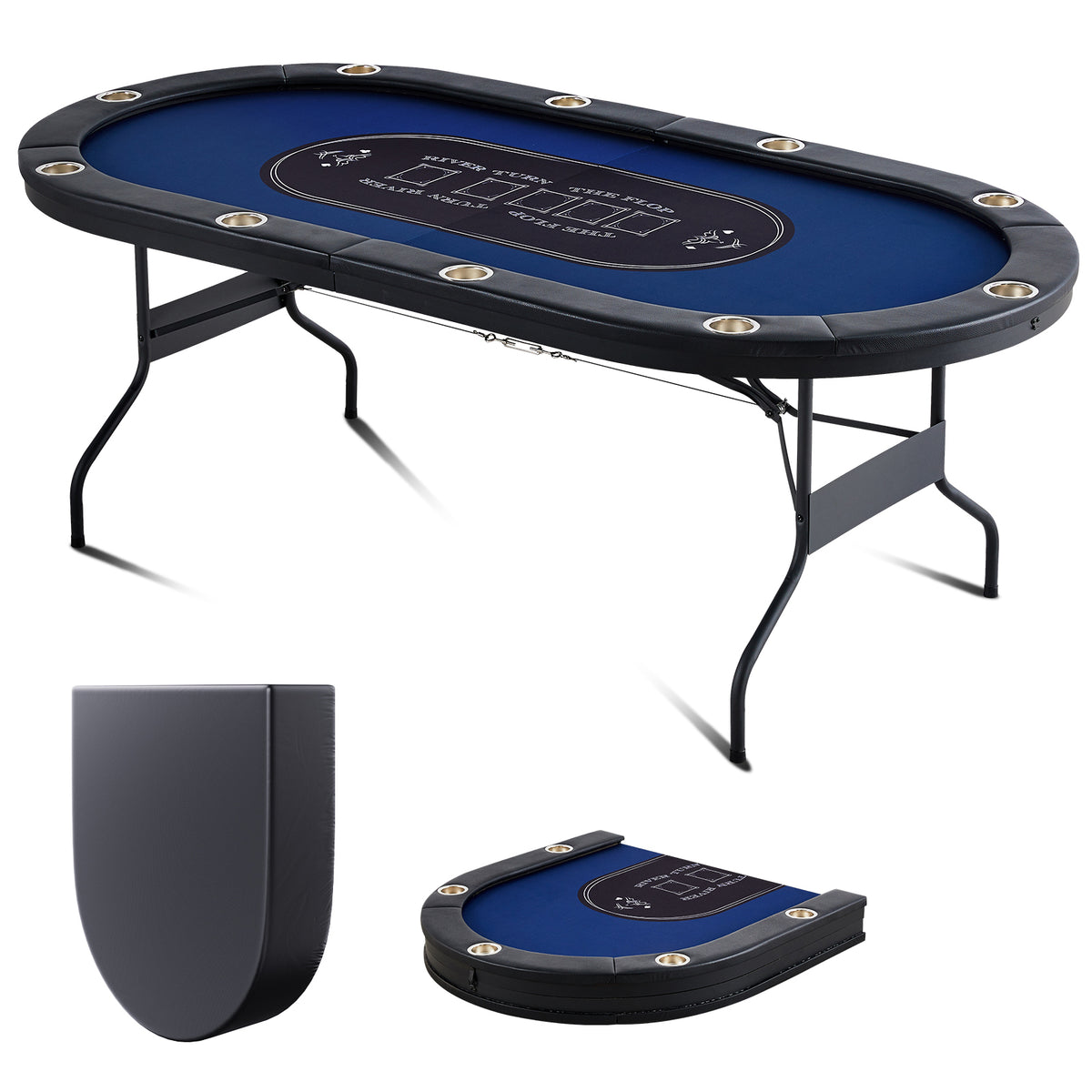 10 Player Foldable Poker Table, Blackjack Texas Holdem Poker Table with Padded Rails and Stainless Steel Cup Holders, Portable Folding Card Board Game Table, 84' Oval Casino Leisure Table