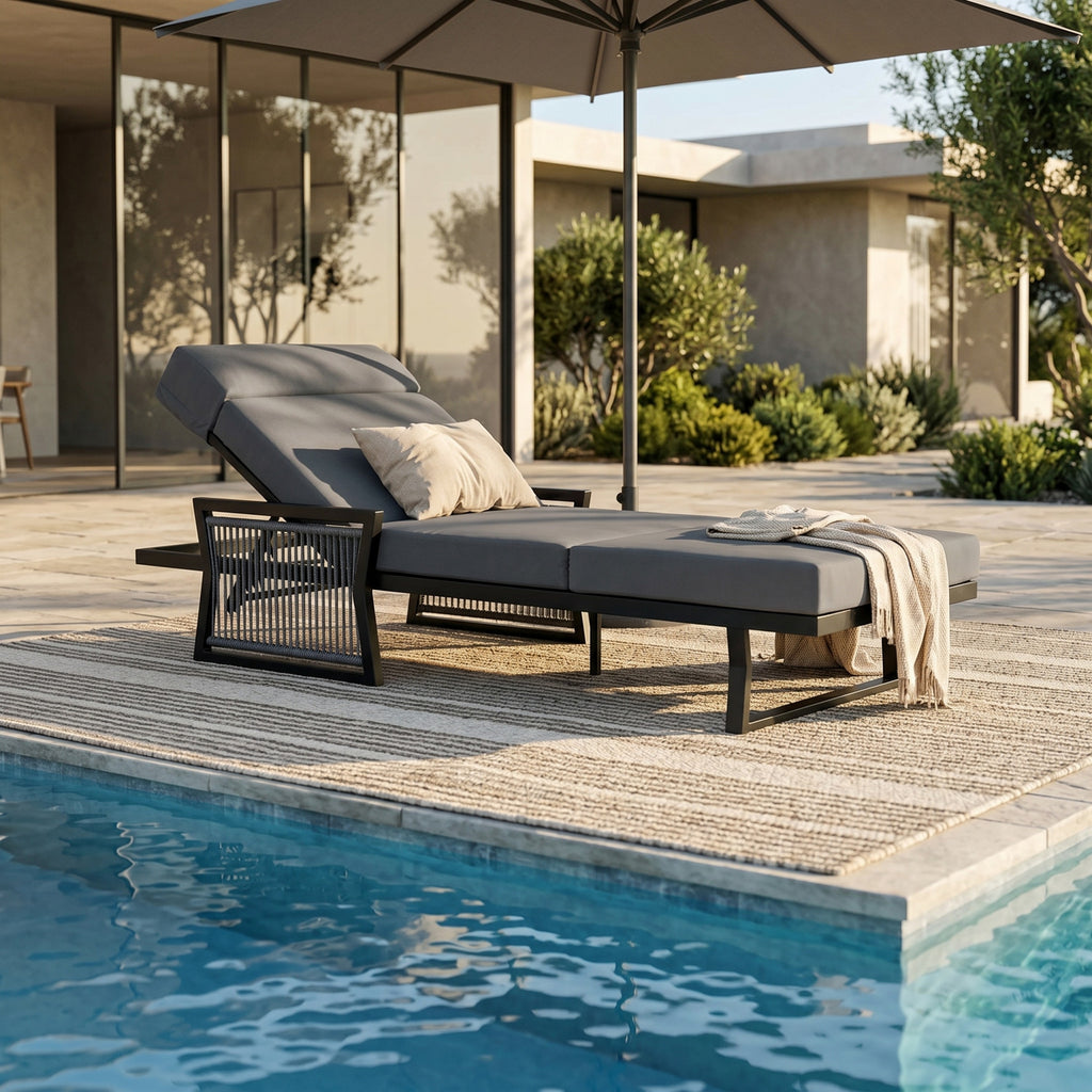 Black Mix Black Rope Outdoor Chaise Lounge, 4' Thick 4-Fold Dark Grey Water Resistant Cushion with Built-In Headrest, 5-Position Adjustable Recliner, 400 LBS Capacity for Patio Pool Backyard