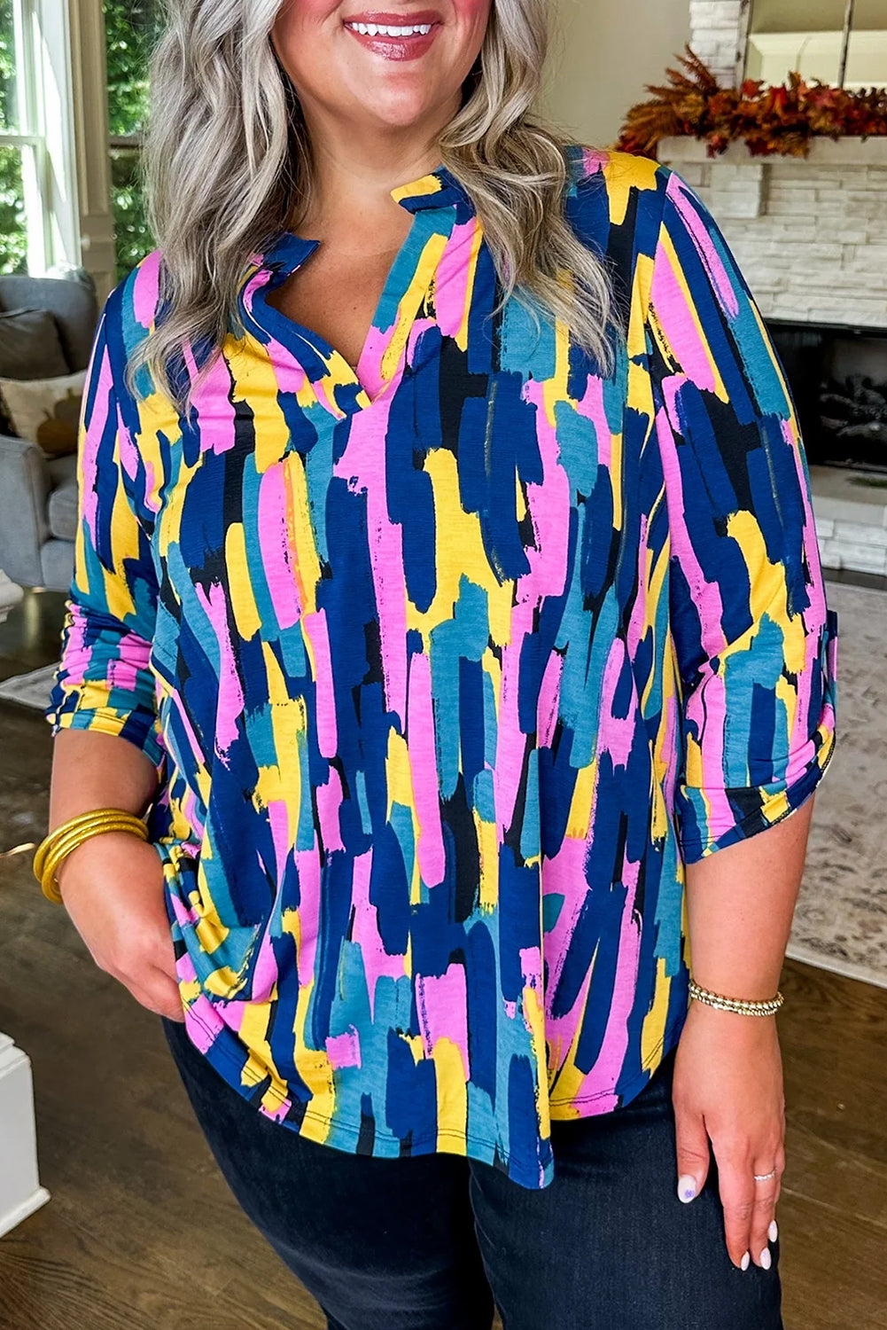 Blue Plus Size Abstract Print 3/4 Sleeve Blouse - Eloy Royal