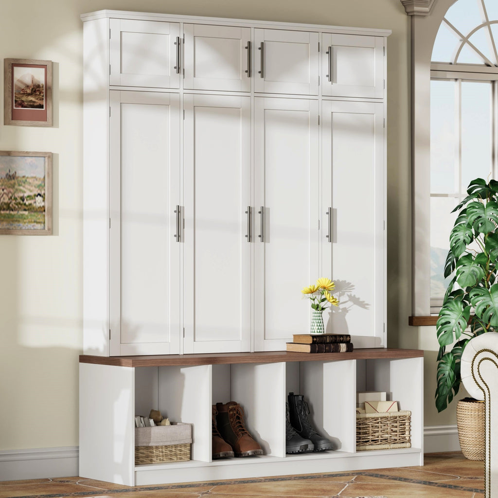 [Assembly Video] Farmhouse Hall Tree with 4 Hidden Hanging Hooks, Versatile Walnut Seating Bench with 8 Doors, Entryway Shoe Cabinet with Open Compartment for Living Room, White (OLD SKU:N721P286082K)