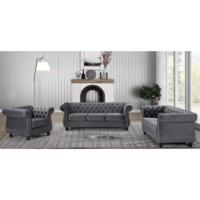 Chesterfield 3-Piece Crushed Velvet Living Room Set, 3-Seater Sofa & 2-Seater Loveseat & Single  Chair, Button Tufted Design with Rolled Arms, Wood Tapered Feet, High Density Foam