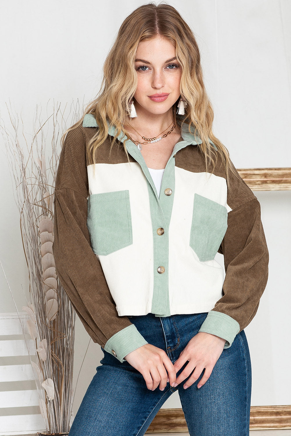 Green Color Block Button Up Cropped Corduroy Jacket - Eloy Royal