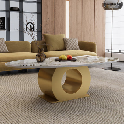 Modern 49.2' Sintered Stone Coffee Table with Stainless Steel O-Shaped Base – 15.6'H Industrial Minimalist Center Table for Living Room
