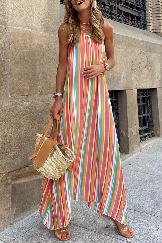 Bohemian Striped Colorblock Spaghetti Strap Sleeveless Maxi Dress - Eloy Royal