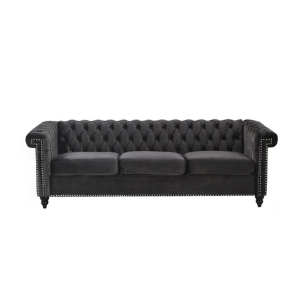 Chesterfield-Style 3 Seater Sofa with Deep Button Tufting in Black Velvet