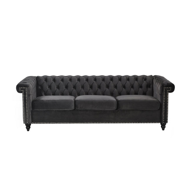 Chesterfield-Style 3 Seater Sofa with Deep Button Tufting in Black Velvet