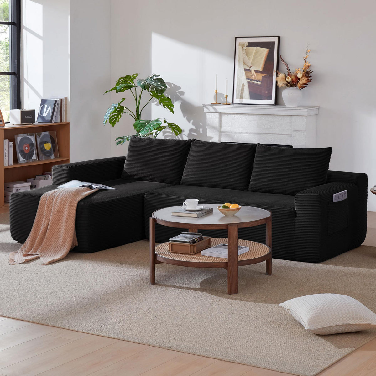 NEW-96.9' Cloud Sectional Couch with L-Shape Chaise,Modern Modular Sofa with Deep Seat, Upholstered Couches for Living Room Bedroom,No Assembly Required, (Corduroy Fabric),Black