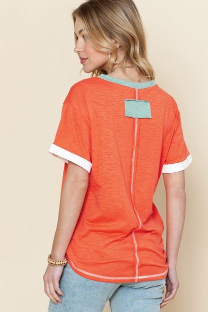 Grapefruit Orange Contrast Trim Exposed Seam V Neck T Shirt - Eloy Royal