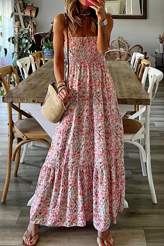 White Boho Floral Self-tie Smocked Ruffle Maxi Dress - Eloy Royal