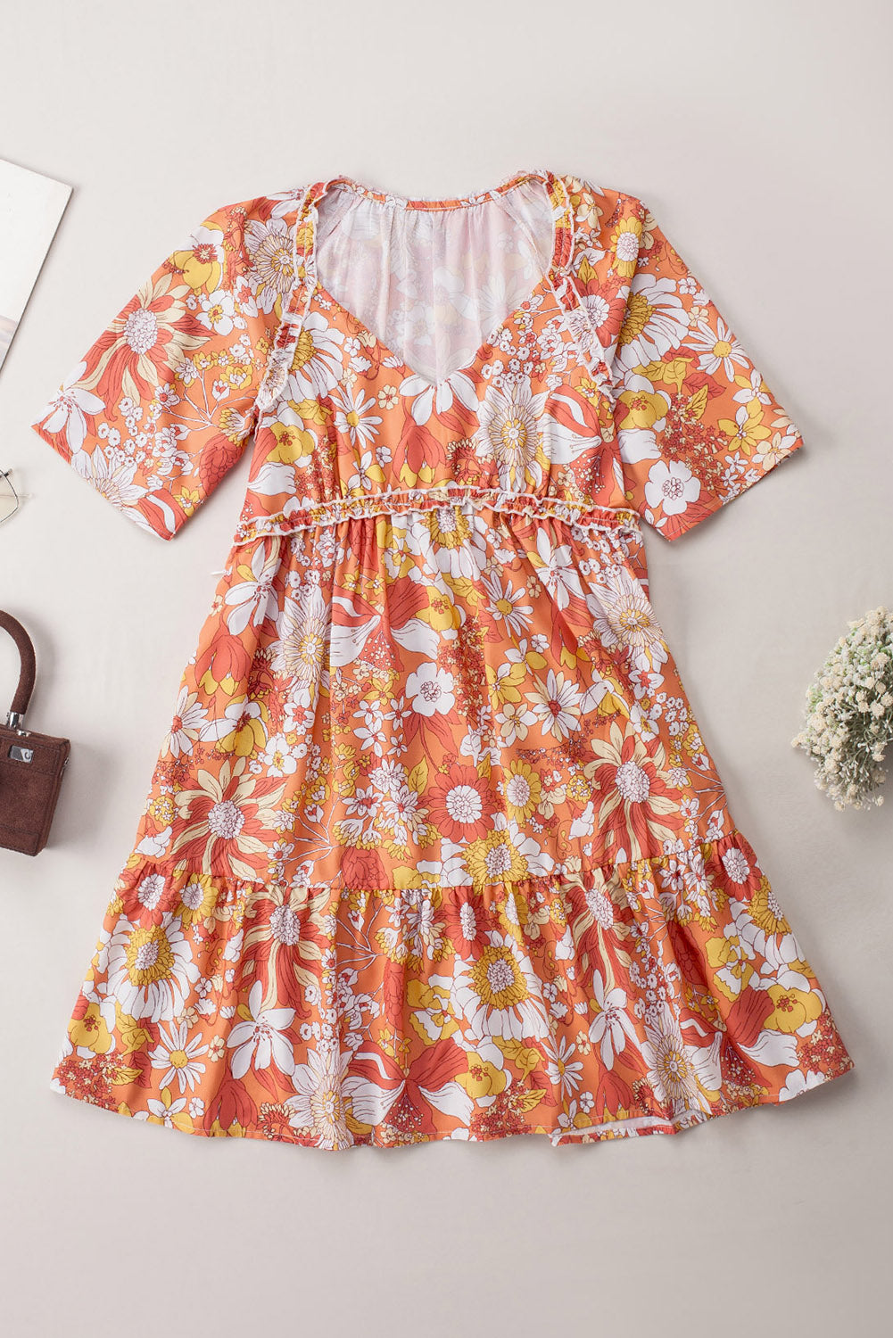 Orange Wide Flutter Sleeve V Neck Floral Dress - Eloy Royal