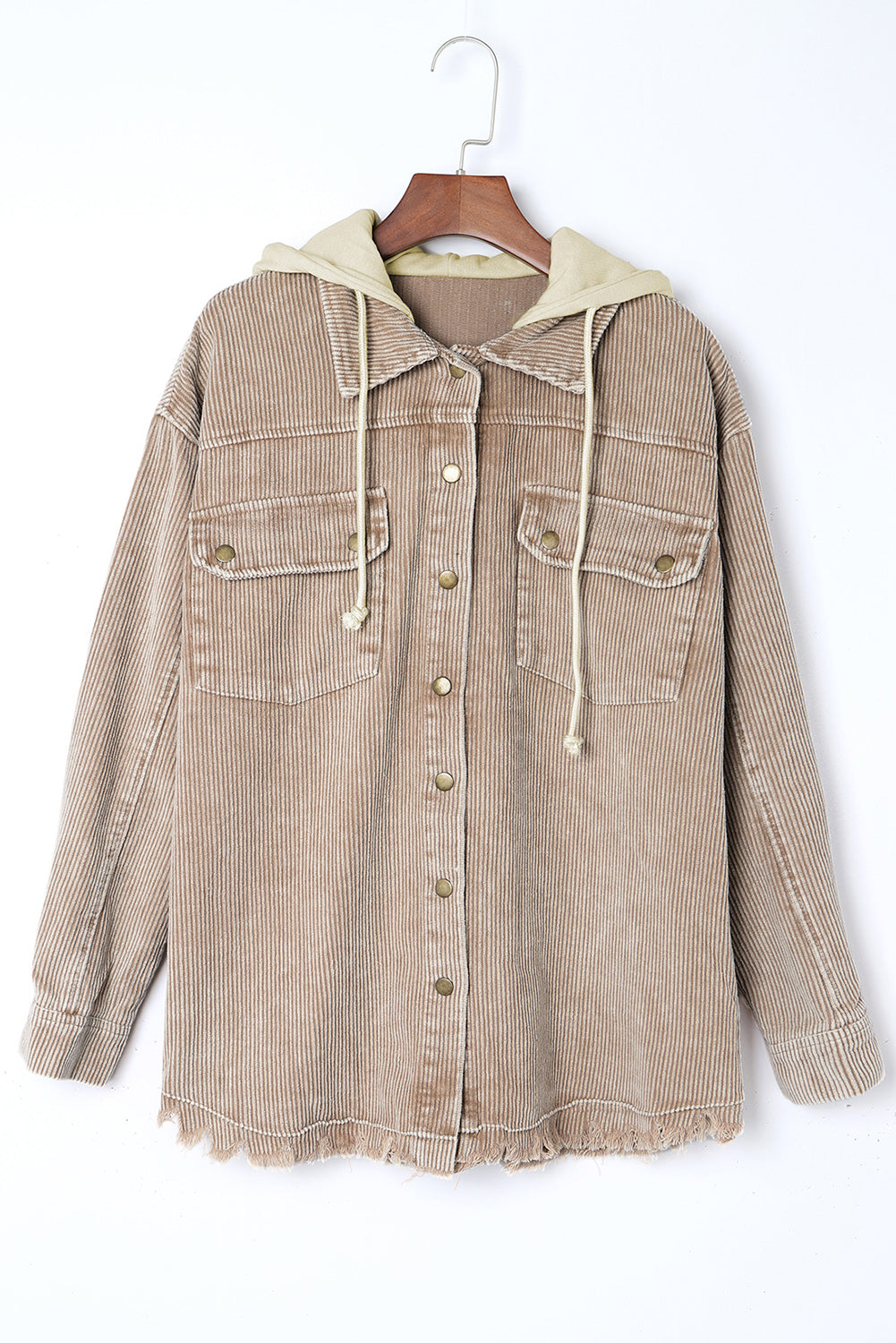 Wholesale Khaki Patchwork Raw Hem Hooded Corduroy Jacket - Eloy Royal