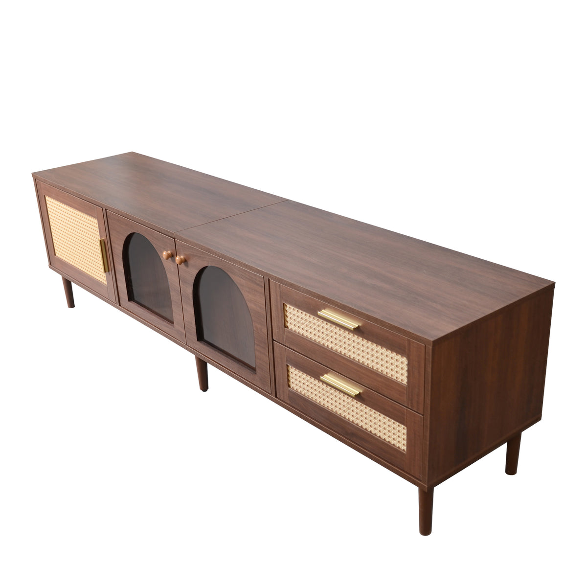 Modern 70 inch TV Stand in Dark Brown with App-Controlled LED Lights, Rattan Doors, 2 Drawers & Glass Door Storage, MDF and Solid Wood Frame