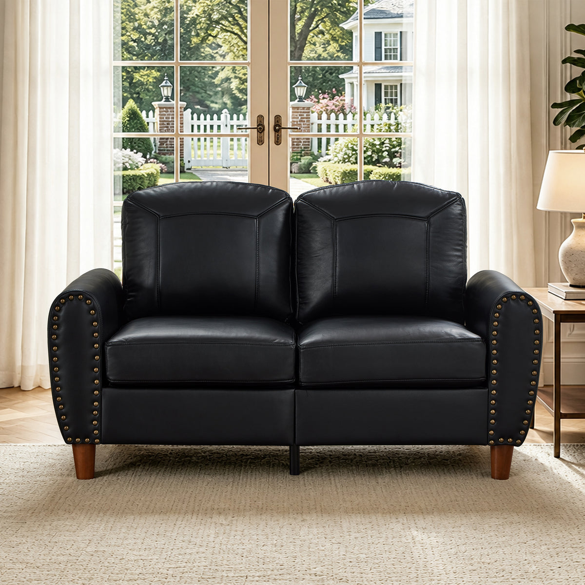 59' Classic Living Room Sofa Loveseat Faux Leather Couch,Rolled Arm Sofa with Nails,Solid Wood Legs,Upholstered Breathable PU Leather Black.