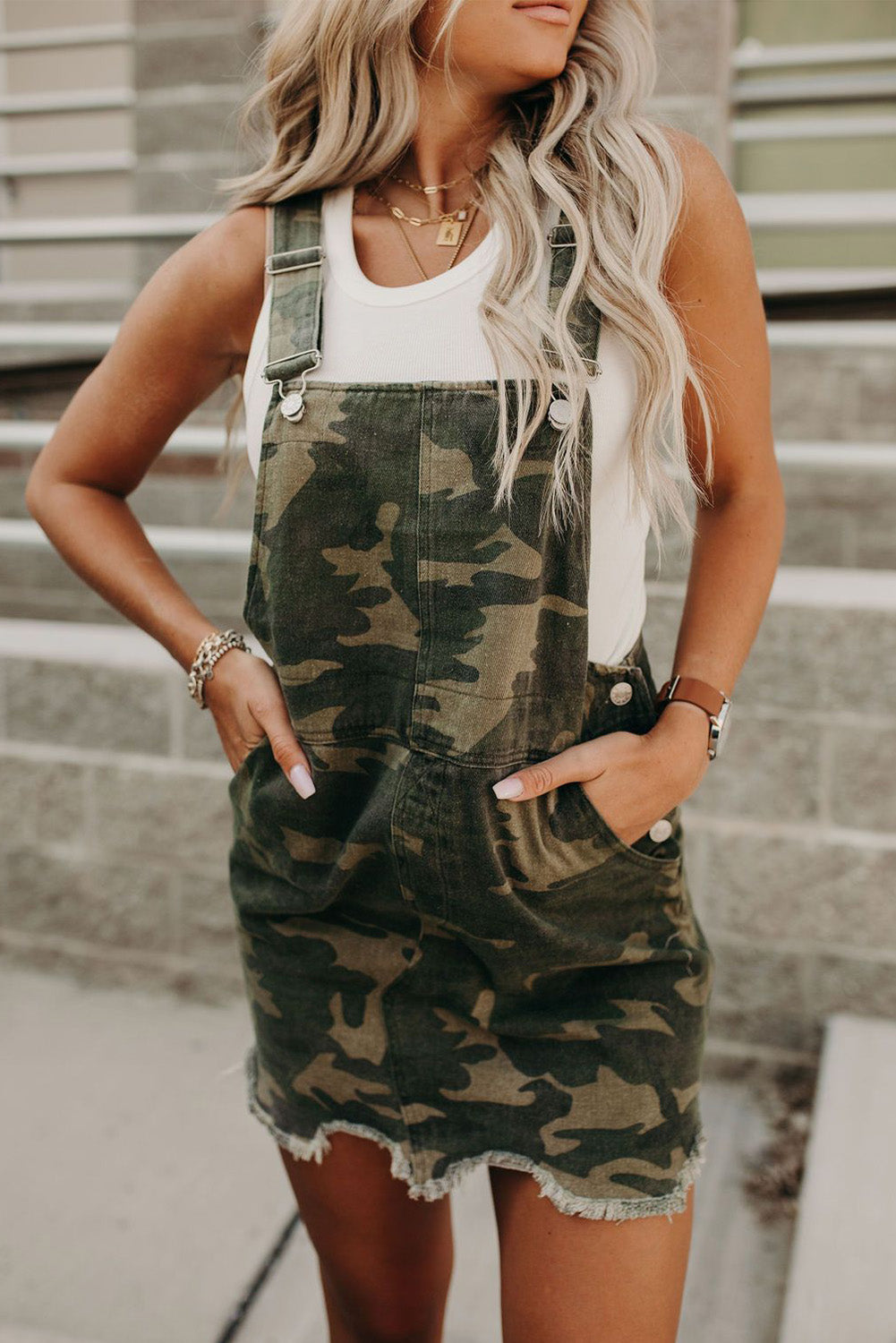 Green Camo Raw Hem Short Overall Dress - Eloy Royal