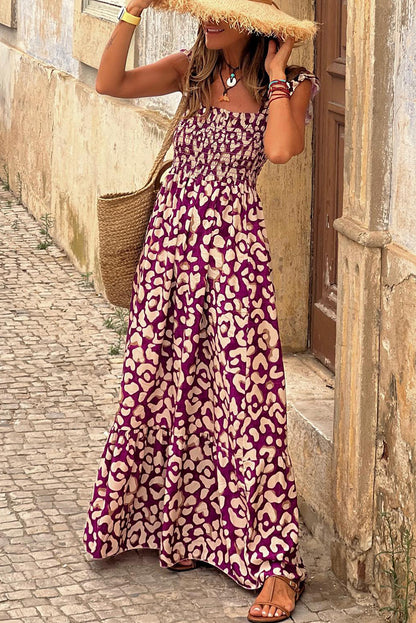 Rose Leopard Ruffle Straps Smocked High Waist Maxi Dress - Eloy Royal