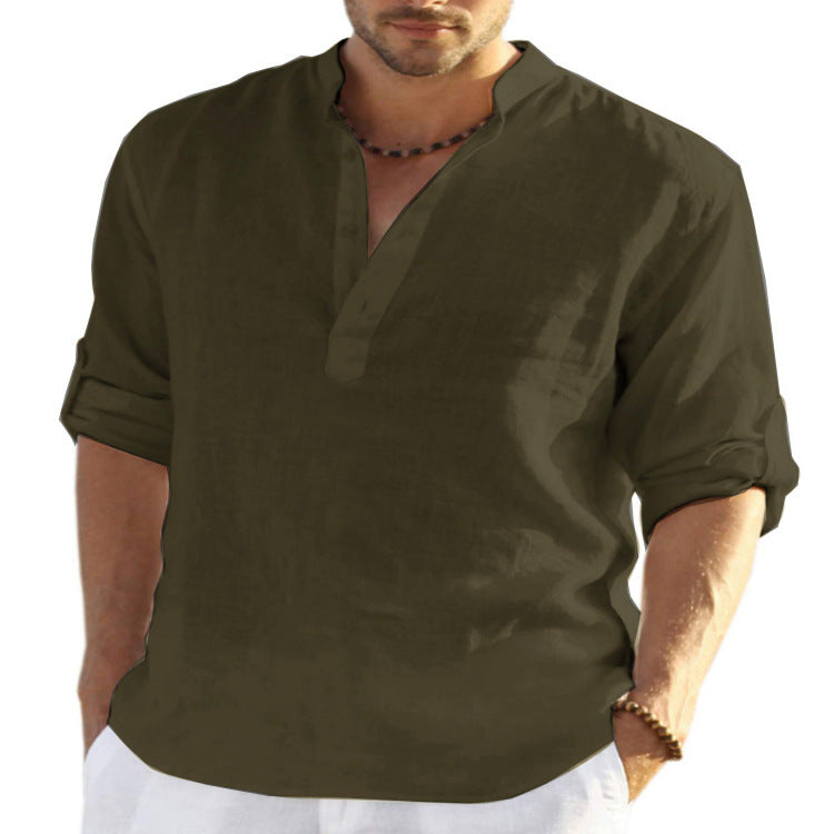 Men's Casual Cotton Linen Solid Color Long Sleeve Shirt Loose Stand Collar - Eloy Royal