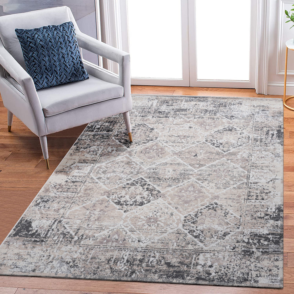 LOOM & LUXE Collection 8X10 Cream/Anthracite /Traditional Non-Shedding Living Room Bedroom Dining Home Office Stylish and Stain Resistant Area Rug