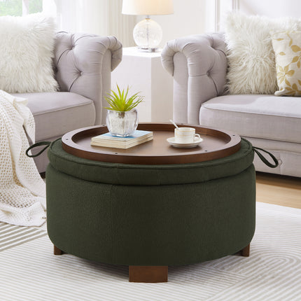 Round Storage Ottoman with Reversible Lid - Boucle Fabric Upholstered Footstool, Hidden Storage Compartment, Wooden Legs, Dual-Purpose Seat & Side Table for Living Room, Bedroom - DARK GREEN