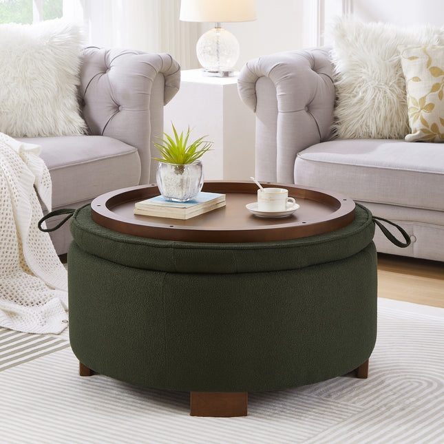 Round Storage Ottoman with Reversible Lid - Boucle Fabric Upholstered Footstool, Hidden Storage Compartment, Wooden Legs, Dual-Purpose Seat & Side Table for Living Room, Bedroom - DARK GREEN