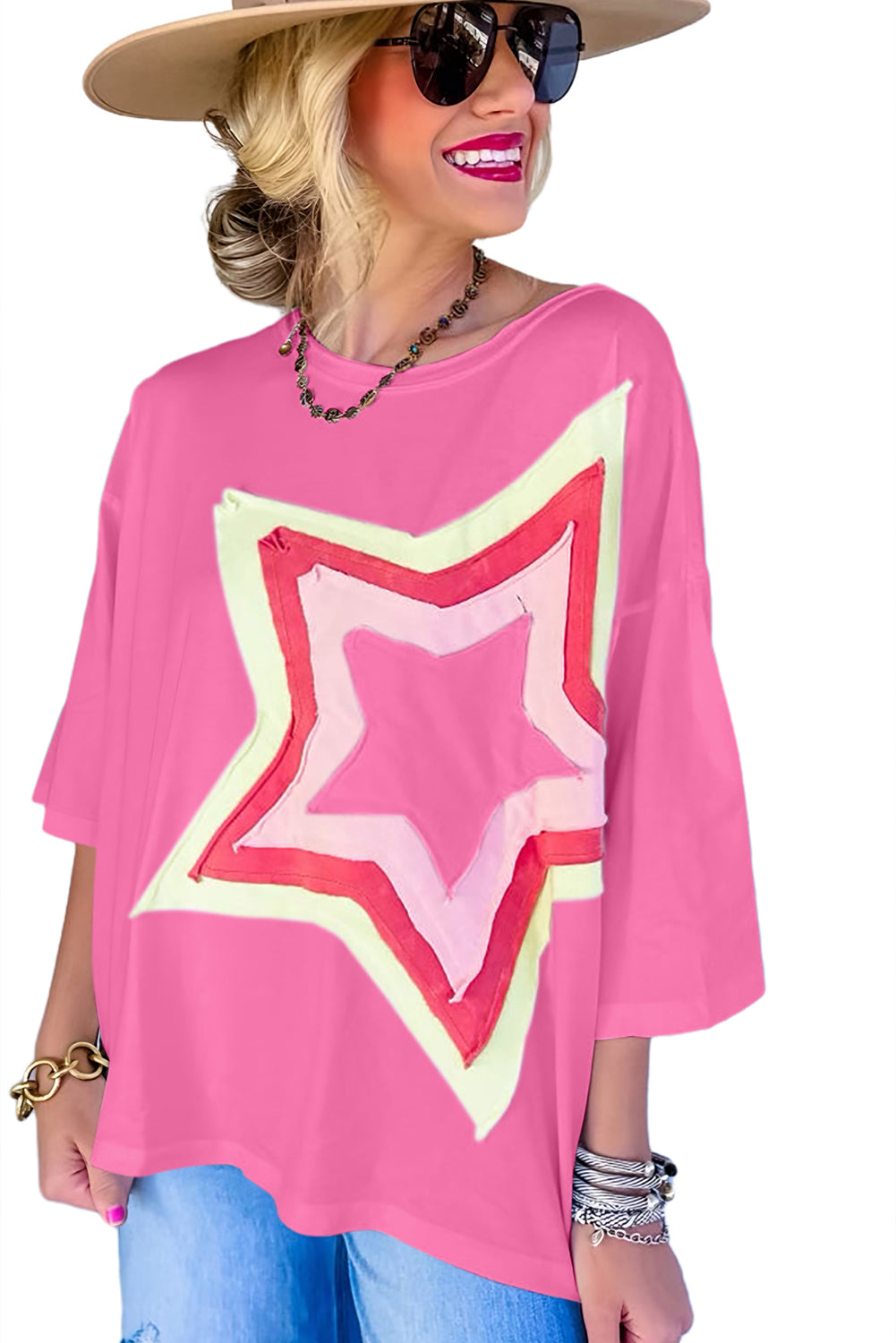 Light Pink Colorblock Star Patched Half Sleeve Oversized Tee - Eloy Royal