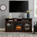 Contemporary TV Media Stand Modern Entertainment Console with 18' Fireplace Insert for TV Up to 65' with Open and Closed Storage Space, Brown, 60'W*15.75'D*29'H