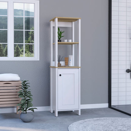 Linen Single Door Cabinet 59' H, Two Interior Shelves, Two Open Shelves, Light Oak / White