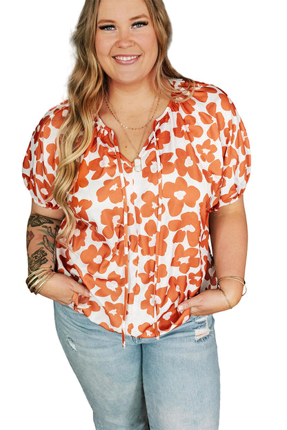 Orange Plus Size 60s Floral Print Drawstring V Neck Short Sleeve Blouse - Eloy Royal