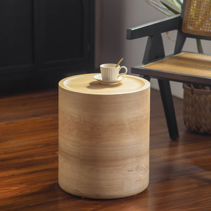 Natural Wood Round Drum Accent Table, No Assembly Side End Table for Living Room Bedroom