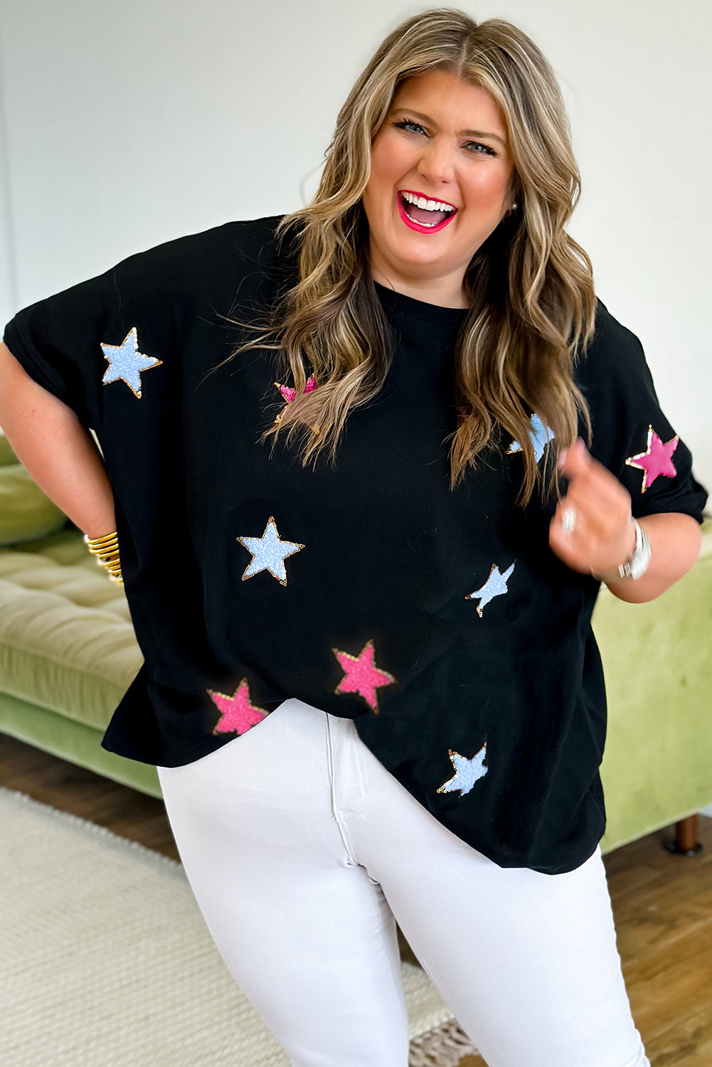 Wholesale Black Sequin Chenille Star Pattern Plus Size Tee - Eloy Royal