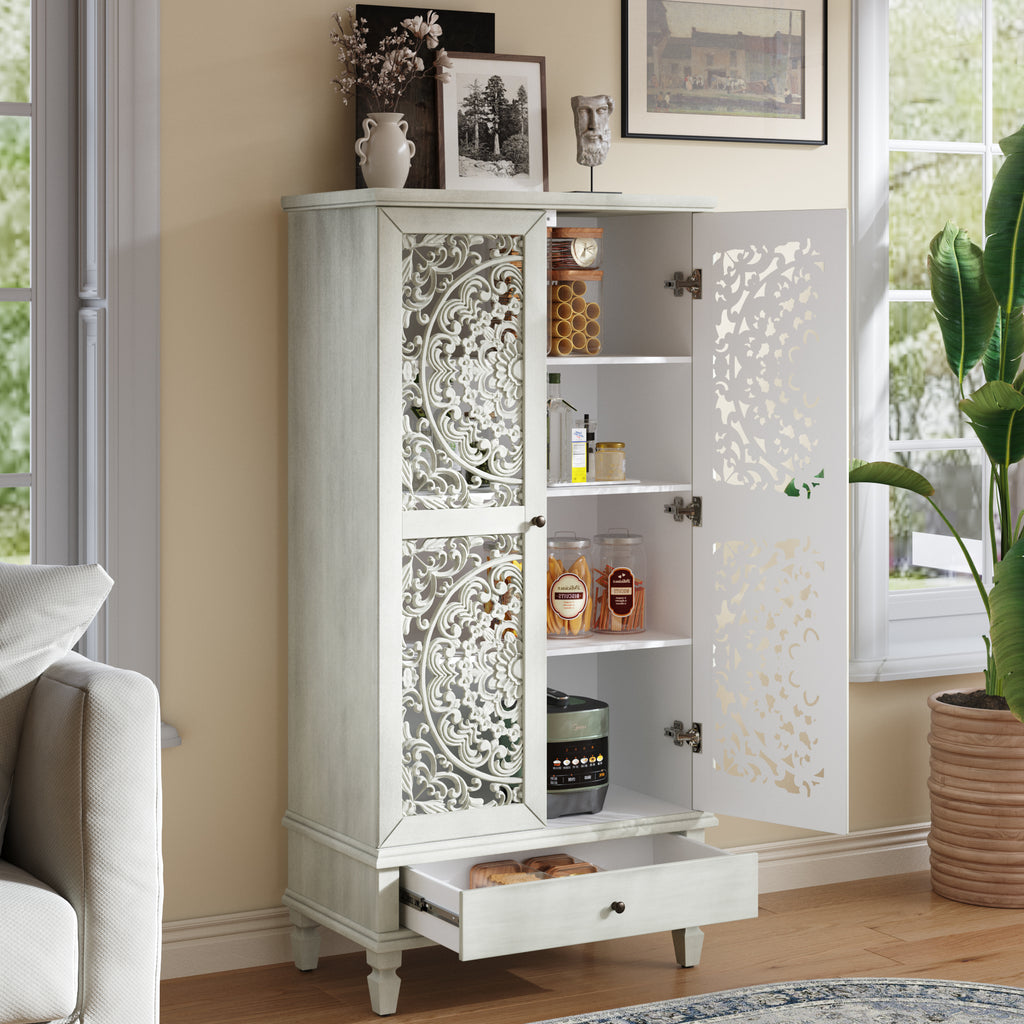 Rustic 55'' Tall Storage Cabinet with Drawer, Decorative 2-Door Carved Wood Accent Cabinet with Solid Wood Legs for Living Room, Hallway, Dining Room, Antique Grey White