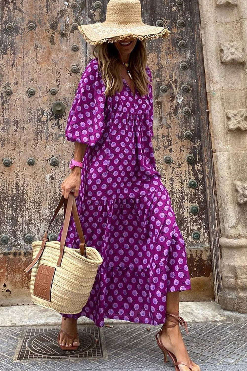 Purple Boho Printed V Neck Puff Sleeve Maxi Dress - Eloy Royal